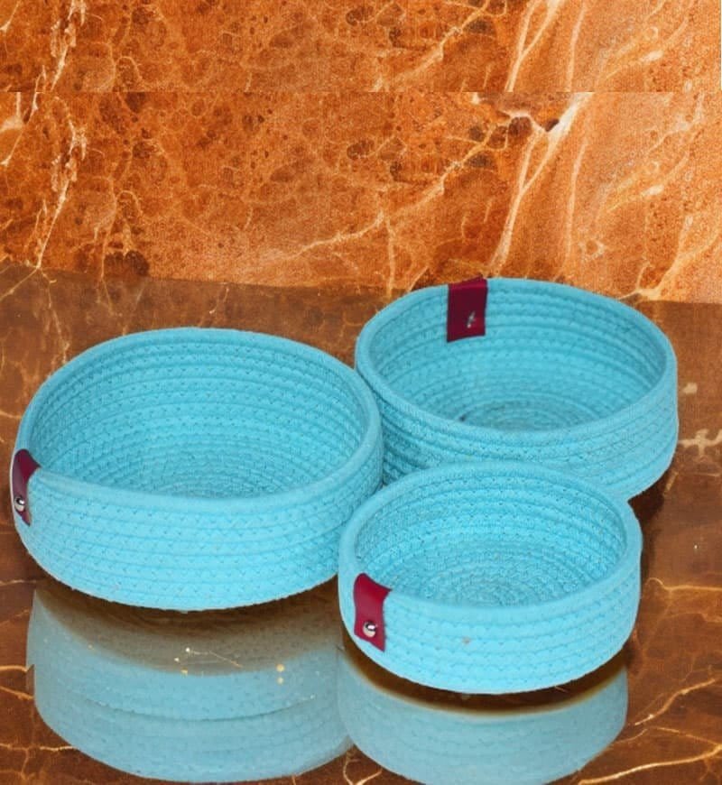 3 Pc Open Cotton Rope basket Turquoise Blue - Image 3