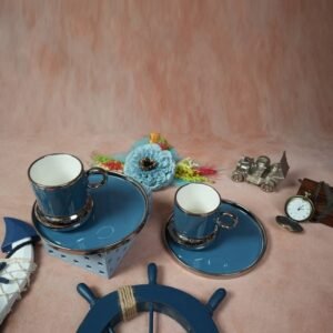 White Gold Luxurious Ceramic Cup & Saucer (Set of 2) – Royal Blue