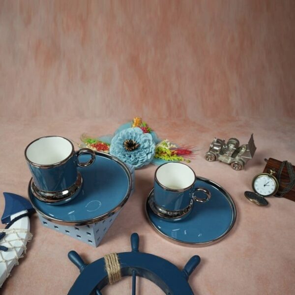 White Gold Luxurious Ceramic Cup & Saucer (Set of 2) – Royal Blue