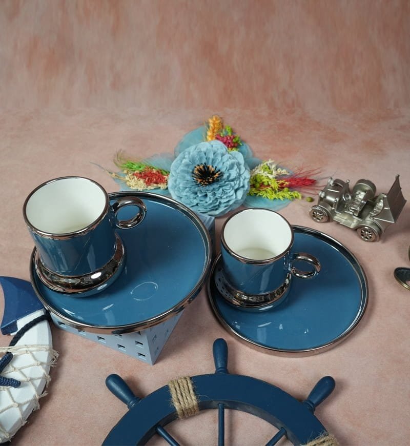 White Gold Luxurious Ceramic Cup & Saucer (Set of 2) - Royal Blue - Image 2
