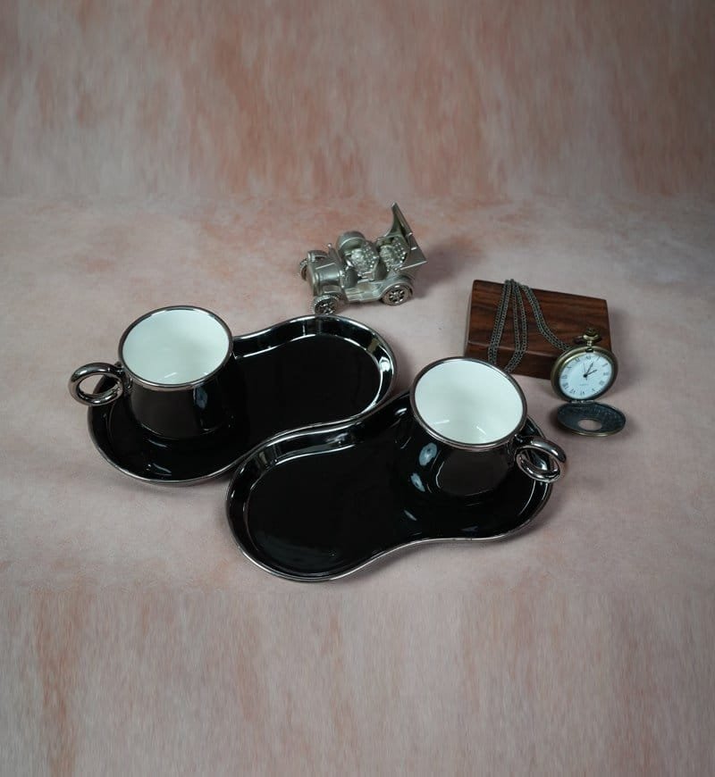 White Gold Luxurious Ceramic Cup & Saucer (Set of 2) - Black - Image 2