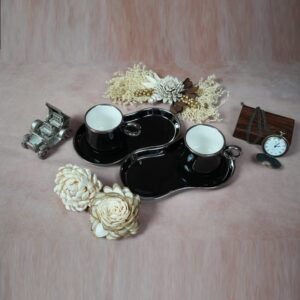 White Gold Luxurious Ceramic Cup & Saucer (Set of 2) – Black