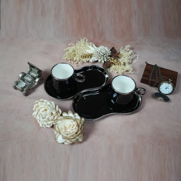 White Gold Luxurious Ceramic Cup & Saucer (Set of 2) – Black