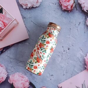 Copper Water Bottle | White & Flower Design | 500 ml
