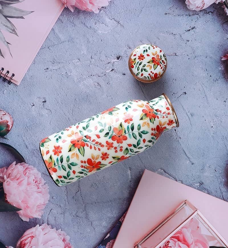 Copper Water Bottle | White & Flower Design | 500 ml - Image 2