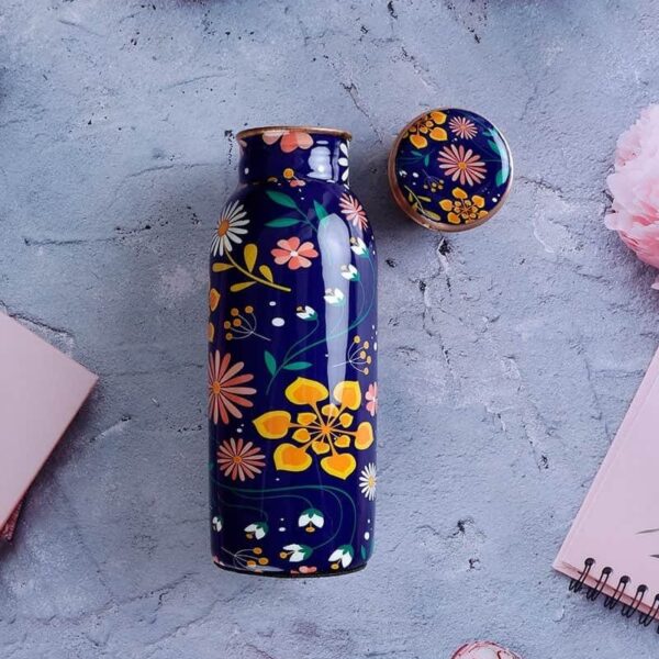 Copper Water Bottle | Blue & Flower print | 500 ml