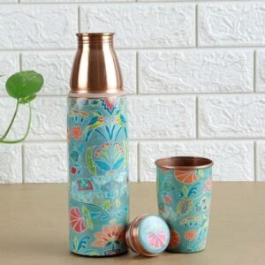 Copper Water Bottle with Glass | Turkish Blue | 950 ml