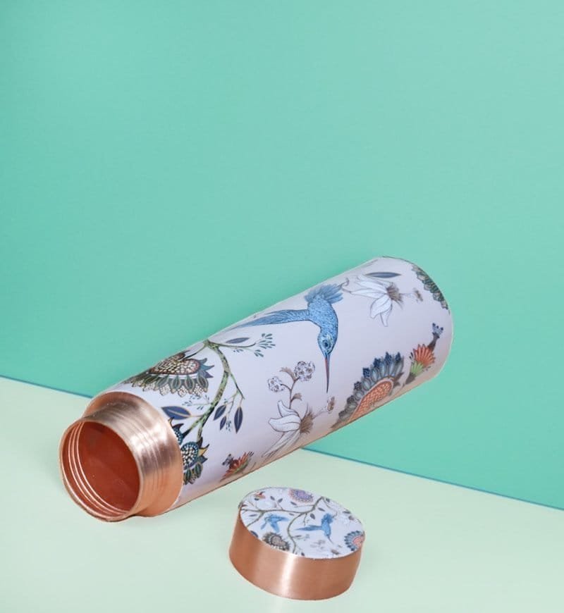 Copper Water Bottle Meena Print With Lacquer Coating Water Bottle with Advanced Leak Proof | White | 950 ml - Image 3