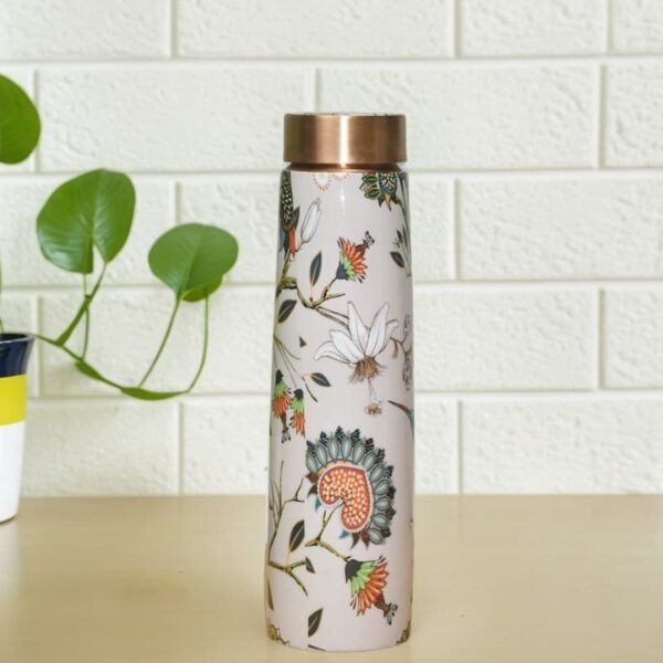 Copper Water Bottle Meena Print With Lacquer Coating Water Bottle with Advanced Leak Proof | White | 950 ml