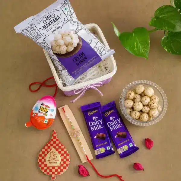 Floral Pearl Rakhi Hamper with Chocolates, Makhana & Roli-Chawal