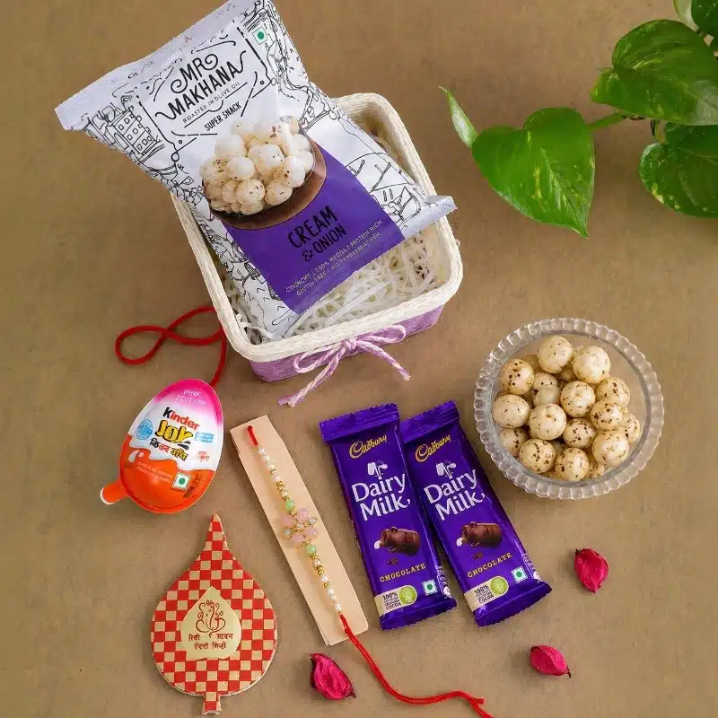 Floral Pearl Rakhi Hamper with Chocolates, Makhana & Roli-Chawal 2 Floral Pearl Rakhi Hamper with Chocolates, Makhana & Roli-Chawal - Image 2