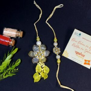 Floral Grey And Yellow Bhaiya Bhabhi Rakhi Set