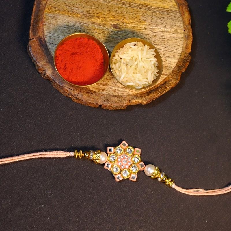 Multicolour Flower Stone Orange Thread Rakhi