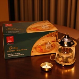 Lecasa- Gold Brass Akhand Diya Medium with Borosilicate Glass