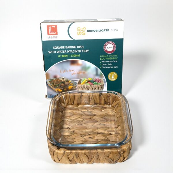Lecasa – Glass Baking Dish with Handwoven Water Hyacinth Square Basket – 1100ml