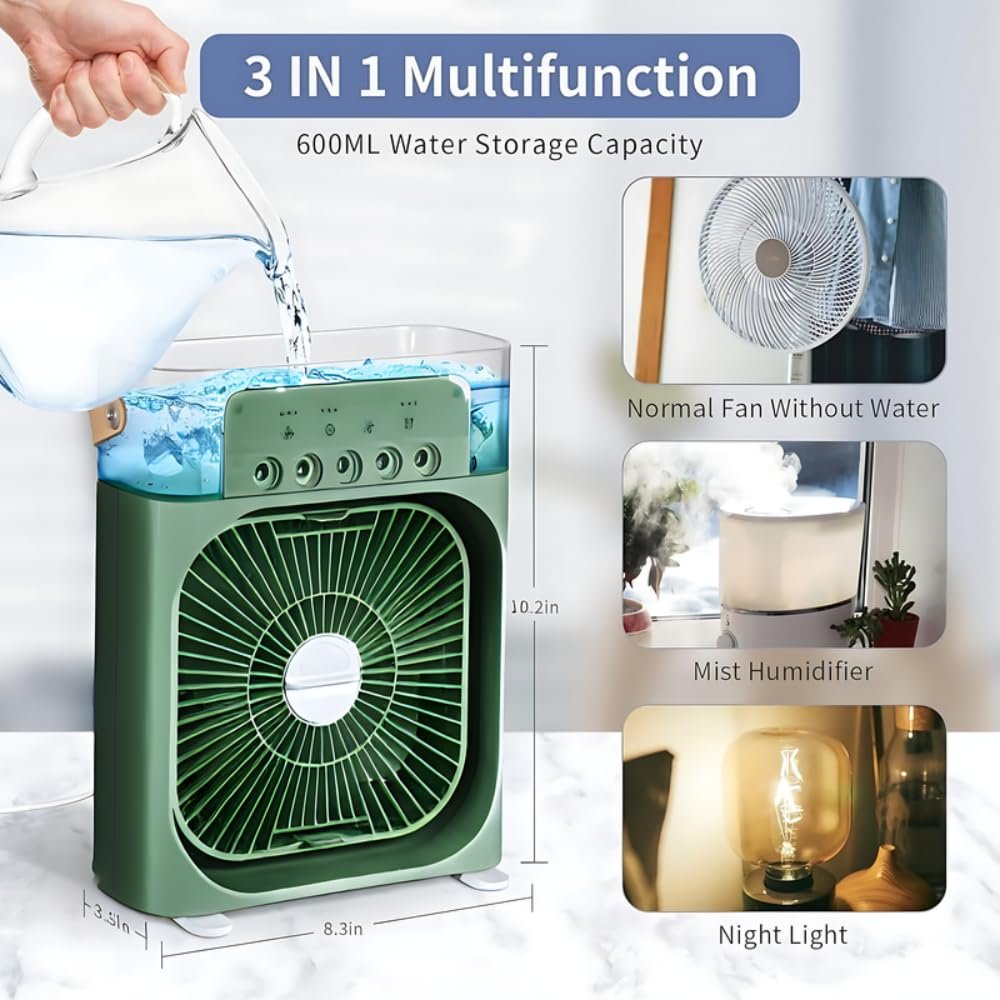 Mini Cooling Fan with Mist Spray (Green)– Portable Air Cooler for Home & Office - Image 2