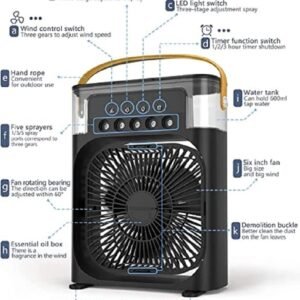 Mini Cooling Fan with Mist Spray (Black)– Portable Air Cooler for Home & Office