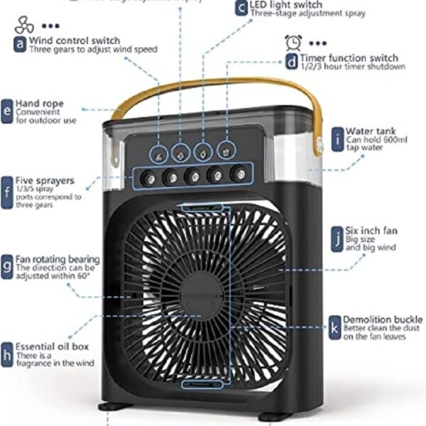 Mini Cooling Fan with Mist Spray (Black)– Portable Air Cooler for Home & Office