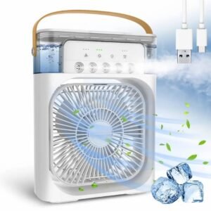Mini Cooling Fan with Mist Spray (White)– Portable Air Cooler for Home & Office