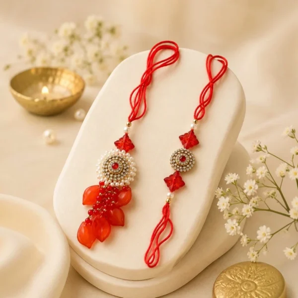 Red Beaded Bhaiya Bhabhi Rakhi Lumba with Tassels
