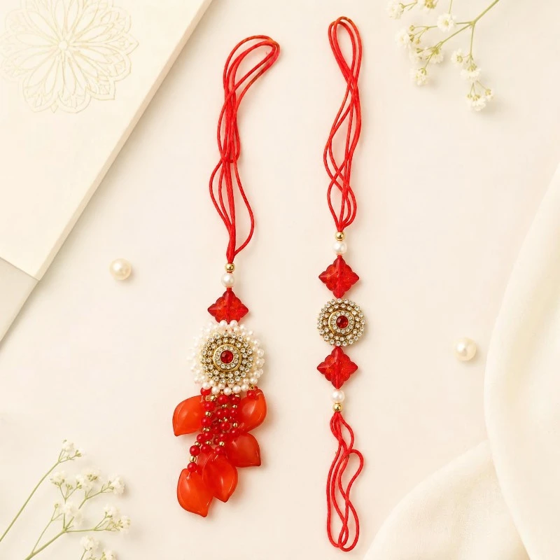 Red Beaded Bhaiya Bhabhi Rakhi Lumba with Tassels 2 Red Beaded Bhaiya Bhabhi Rakhi Lumba