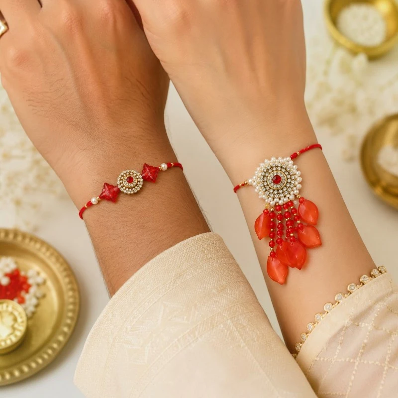 Red Beaded Bhaiya Bhabhi Rakhi Lumba with Tassels 3 Red Beaded Bhaiya Bhabhi Rakhi Lumba