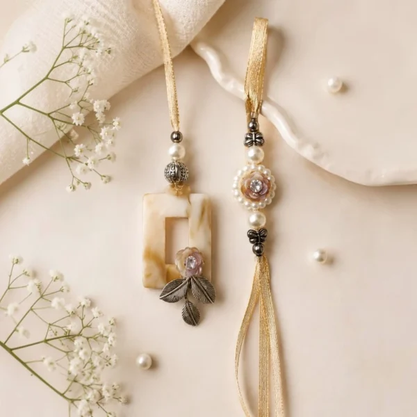 Ivory Pearl Floral Bhaiya-Bhabhi Rakhi Lumba Combo