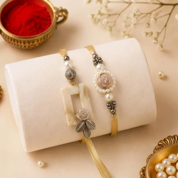 Ivory Pearl Floral Bhaiya-Bhabhi Rakhi Lumba Combo