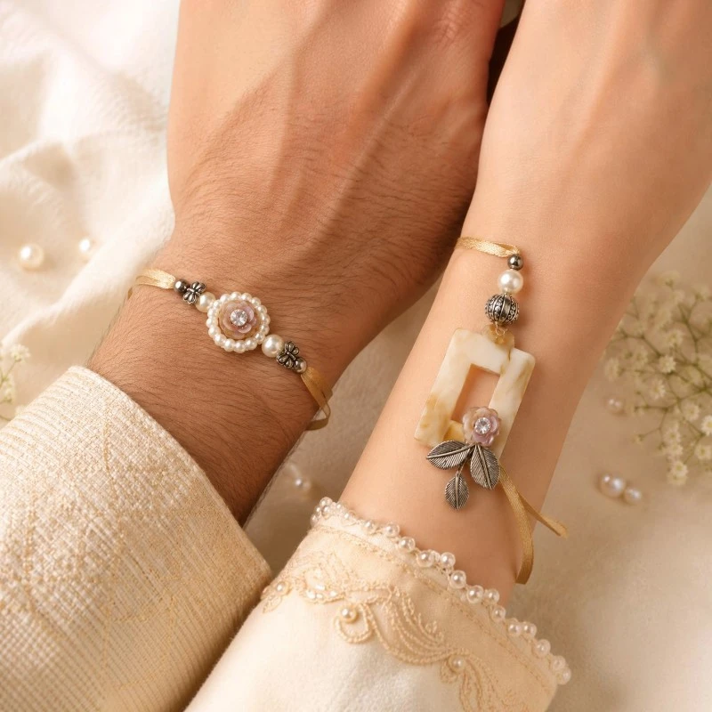 Ivory Pearl Floral Bhaiya-Bhabhi Rakhi Lumba Combo 3 Pearl Floral Bhaiya-Bhabhi Rakhi Lumba