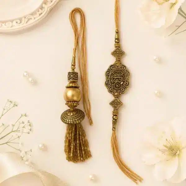 Antique Gold-Tone Bhaiya Bhabhi Rakhi & Tassel Lumba Combo