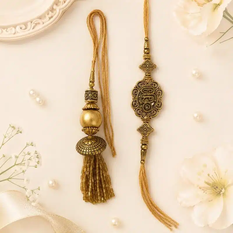 Antique Gold-Tone Bhaiya Bhabhi Rakhi & Tassel Lumba Combo 1 Bhaiya Bhabhi Rakhi And Tassel Lumba