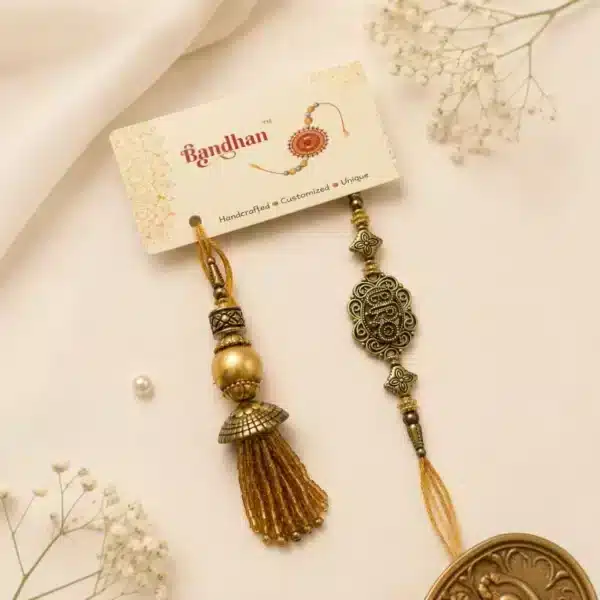Antique Gold-Tone Bhaiya Bhabhi Rakhi & Tassel Lumba Combo