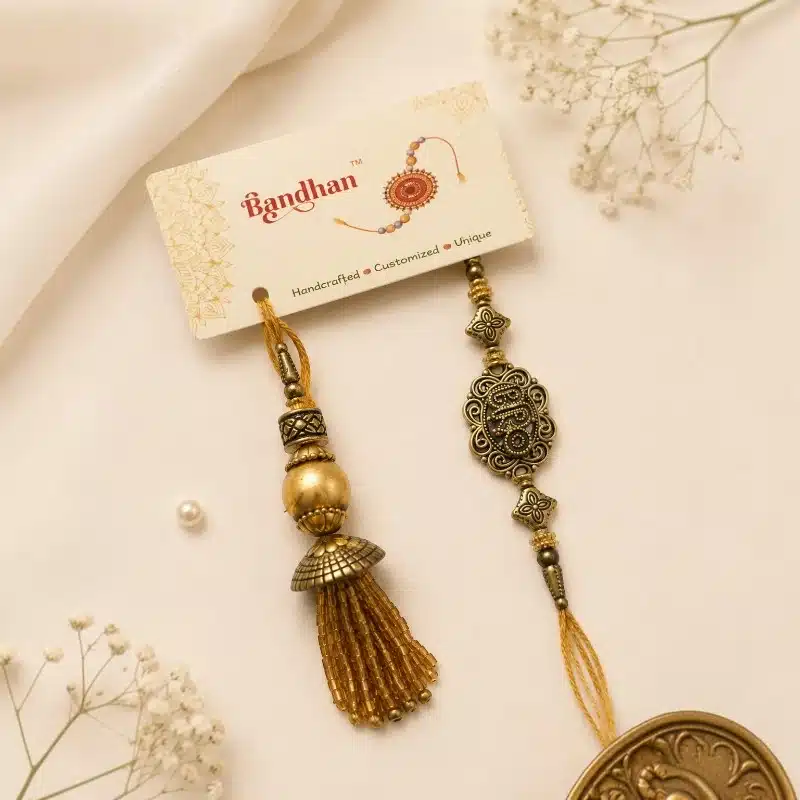 Antique Gold-Tone Bhaiya Bhabhi Rakhi & Tassel Lumba Combo 2 Bhaiya Bhabhi Rakhi And Tassel Lumba