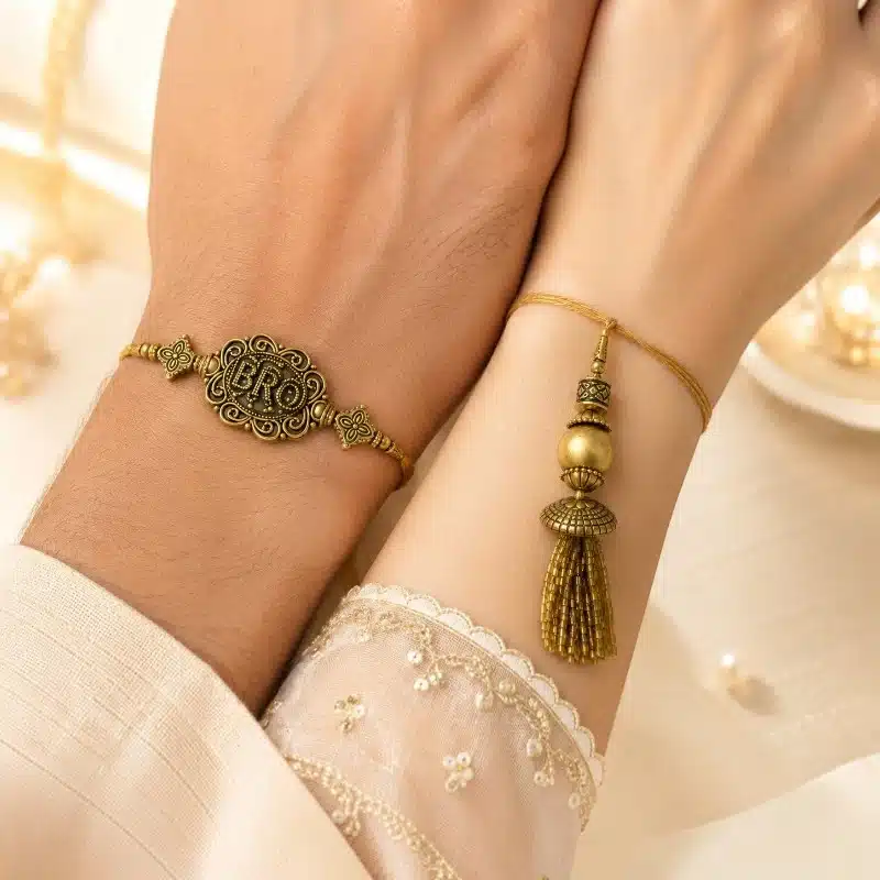 Antique Gold-Tone Bhaiya Bhabhi Rakhi & Tassel Lumba Combo 3 Bhaiya Bhabhi Rakhi And Tassel Lumba