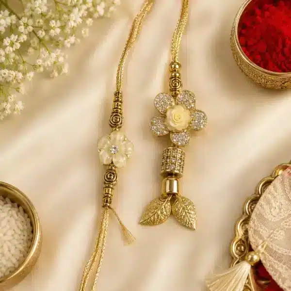 Ivory Floral Bhaiya-Bhabhi Rakhi & Lumba Combo