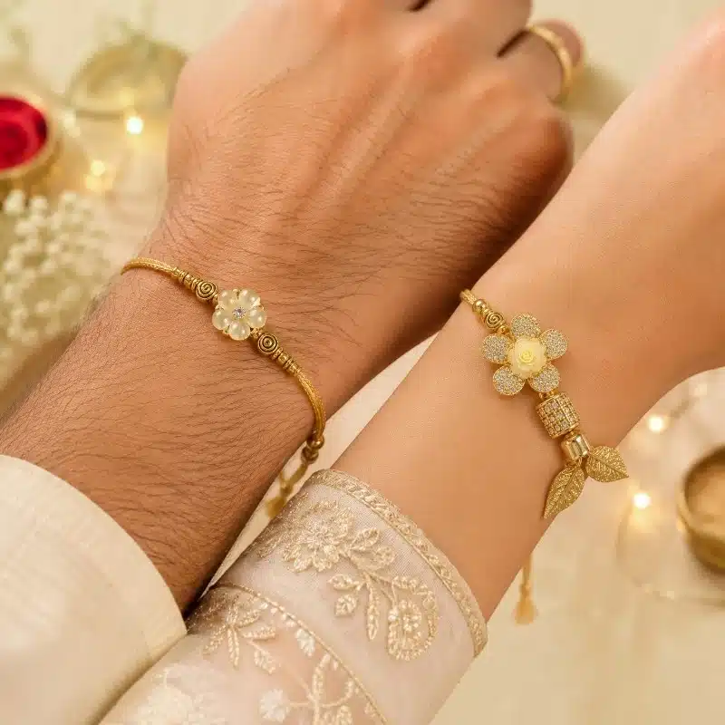 Ivory Floral Bhaiya-Bhabhi Rakhi & Lumba Combo 3 Floral Bhaiya-Bhabhi Rakhi Lumba Combo