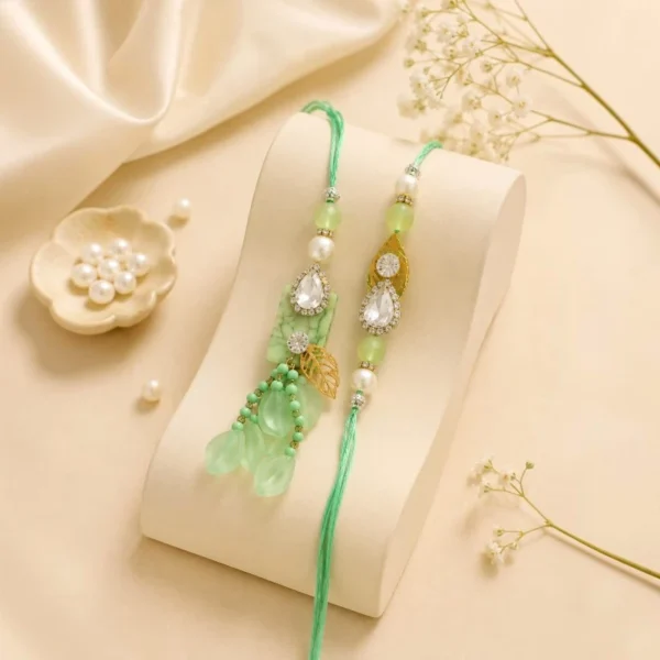 Mint Green Crystal Bhaiya-Bhabhi Rakhi-Lumba Combo With Leaf Tassels