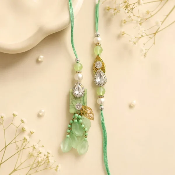 Mint Green Crystal Bhaiya-Bhabhi Rakhi-Lumba Combo With Leaf Tassels
