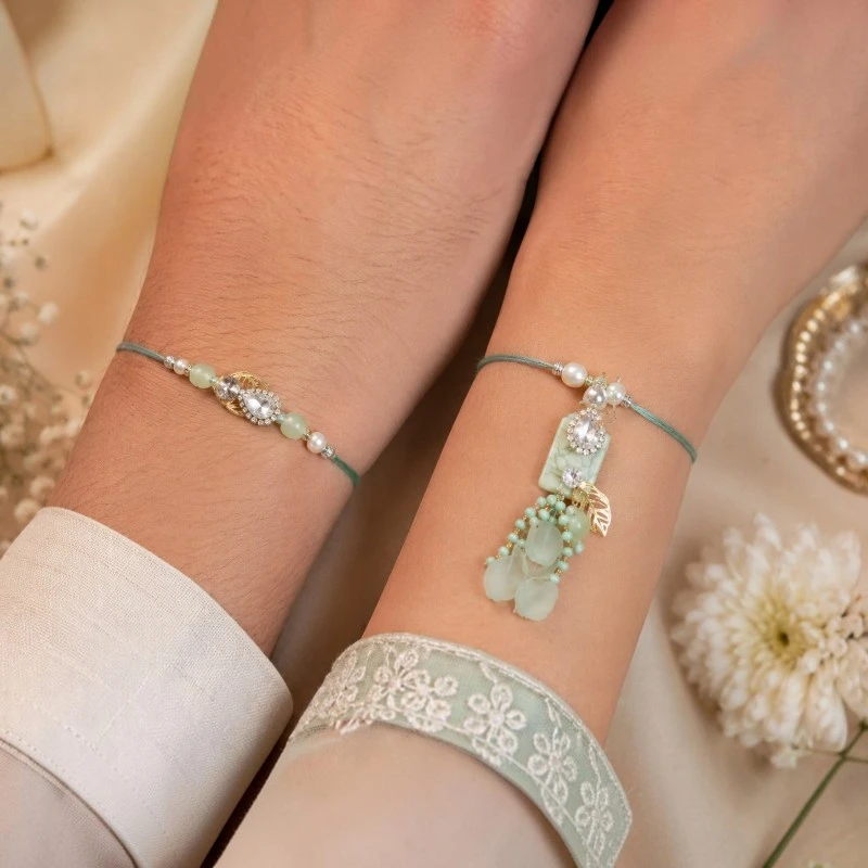 Mint Green Crystal Bhaiya-Bhabhi Rakhi-Lumba Combo With Leaf Tassels 3 Crystal Bhaiya-Bhabhi Rakhi-Lumba Combo