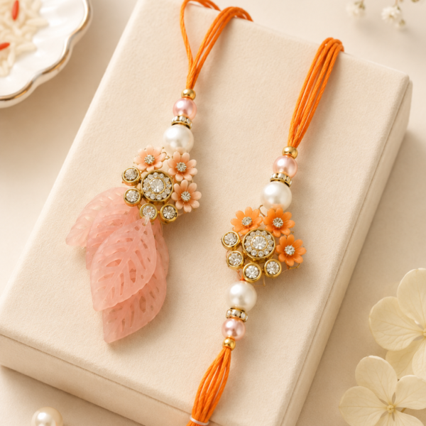 Orange Floral Bhaiya-Bhabhi Rakhi & Leaf Lumba Combo