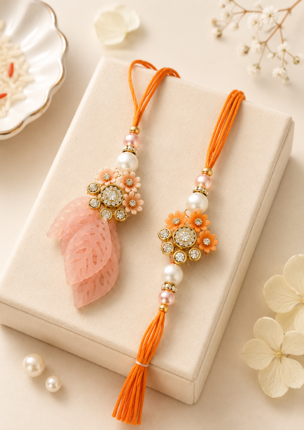 Orange Floral Bhaiya-Bhabhi Rakhi & Leaf Lumba Combo 1 Floral Bhaiya-Bhabhi Rakhi & Leaf Lumba