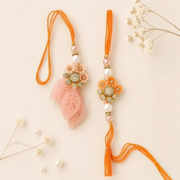 Orange Floral Bhaiya-Bhabhi Rakhi & Leaf Lumba Combo