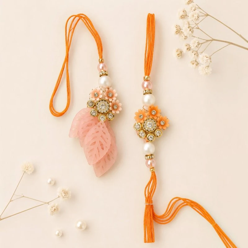 Orange Floral Bhaiya-Bhabhi Rakhi & Leaf Lumba Combo 2 Floral Bhaiya-Bhabhi Rakhi & Leaf Lumba
