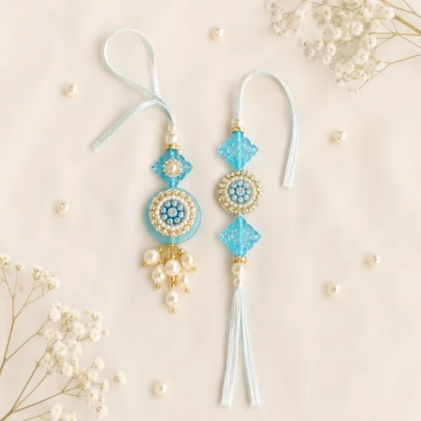 Aqua Blue Beaded Bhaiya-Bhabhi Rakhi & Lumba Set
