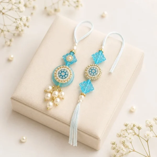 Aqua Blue Beaded Bhaiya-Bhabhi Rakhi & Lumba Set