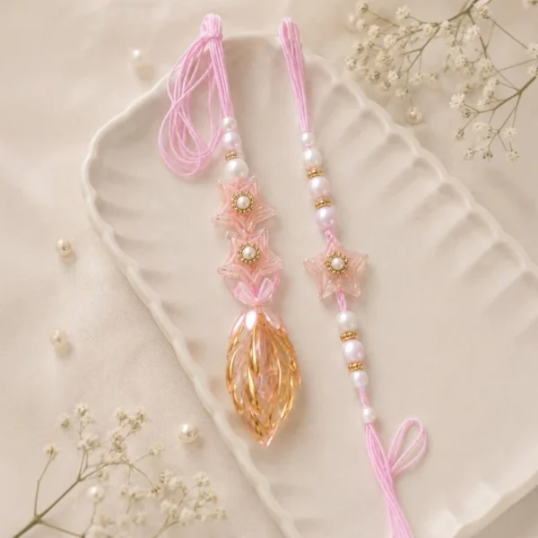 Pink Star Beads Bhaiya-Bhabhi Rakhi & Lumba Set