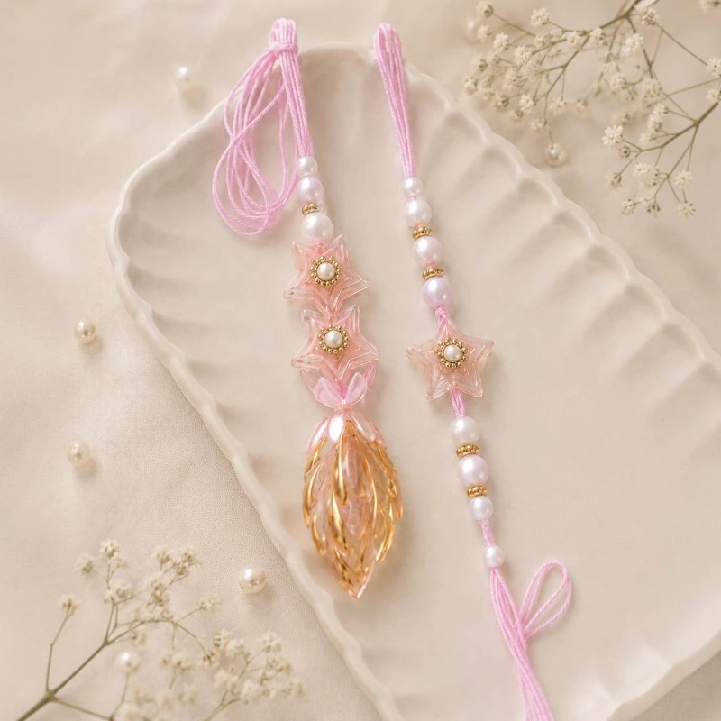 Pink Star Beads Bhaiya-Bhabhi Rakhi & Lumba Set 1 Star Beads Bhaiya-Bhabhi Rakhi & Lumba
