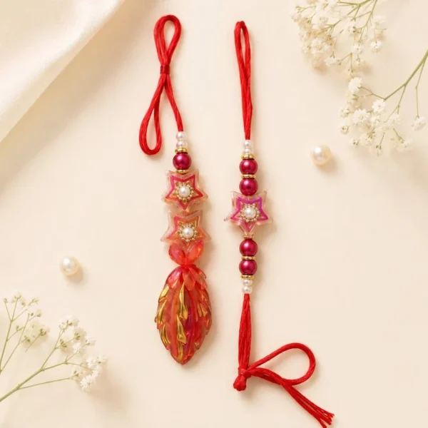 Red Star Beads Bhaiya-Bhabhi Rakhi & Lumba Set