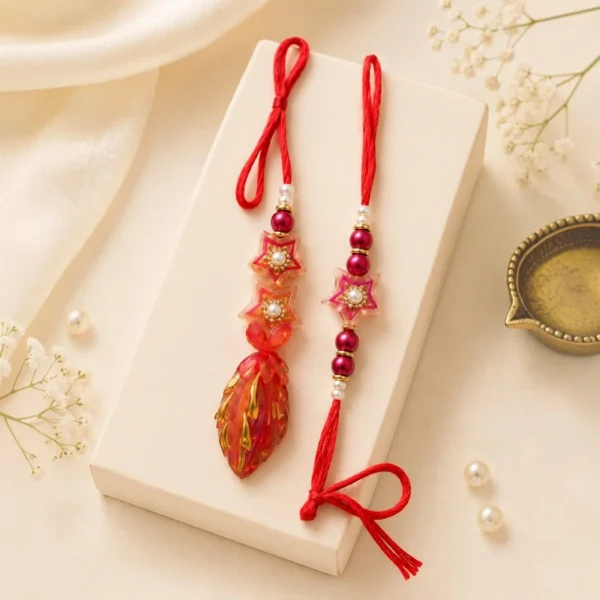 Red Star Beads Bhaiya-Bhabhi Rakhi & Lumba Set