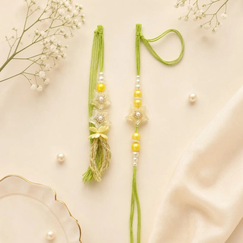 Lime Green Star Beads Bhaiya-Bhabhi Rakhi & Lumba Set 1 Star Beads Bhaiya-Bhabhi Rakhi & Lumba